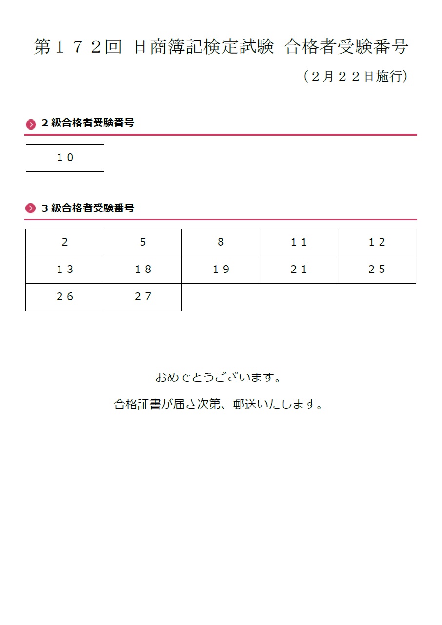 172回簿記合格発表