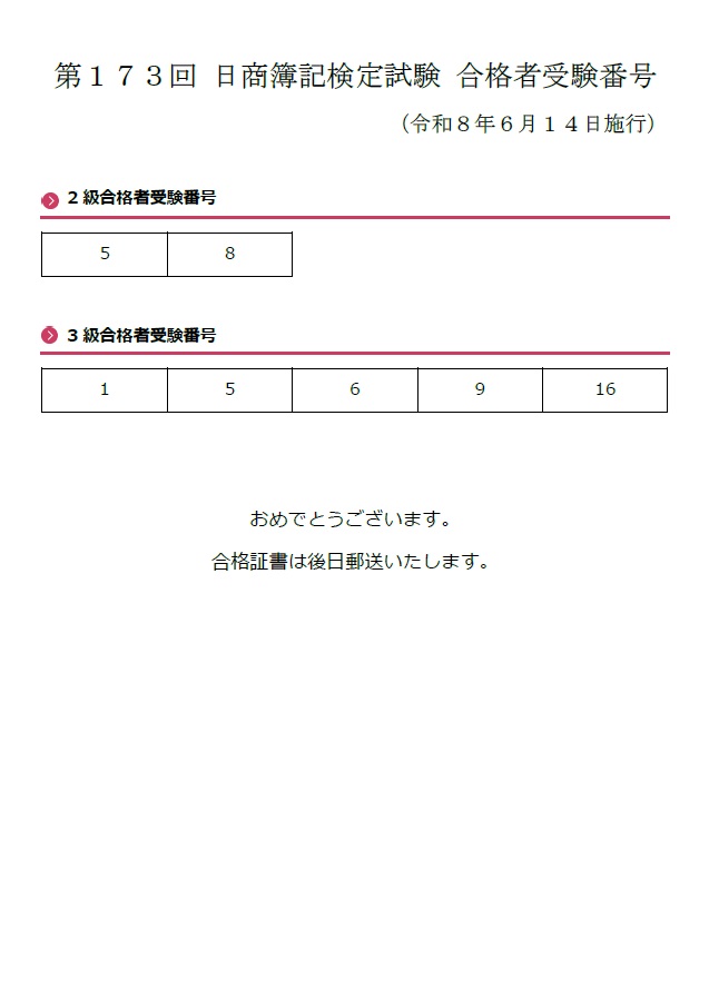 173回簿記合格発表