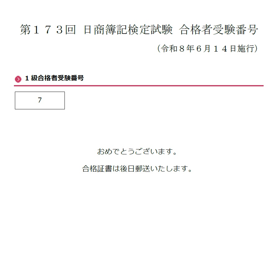 173回簿記合格発表